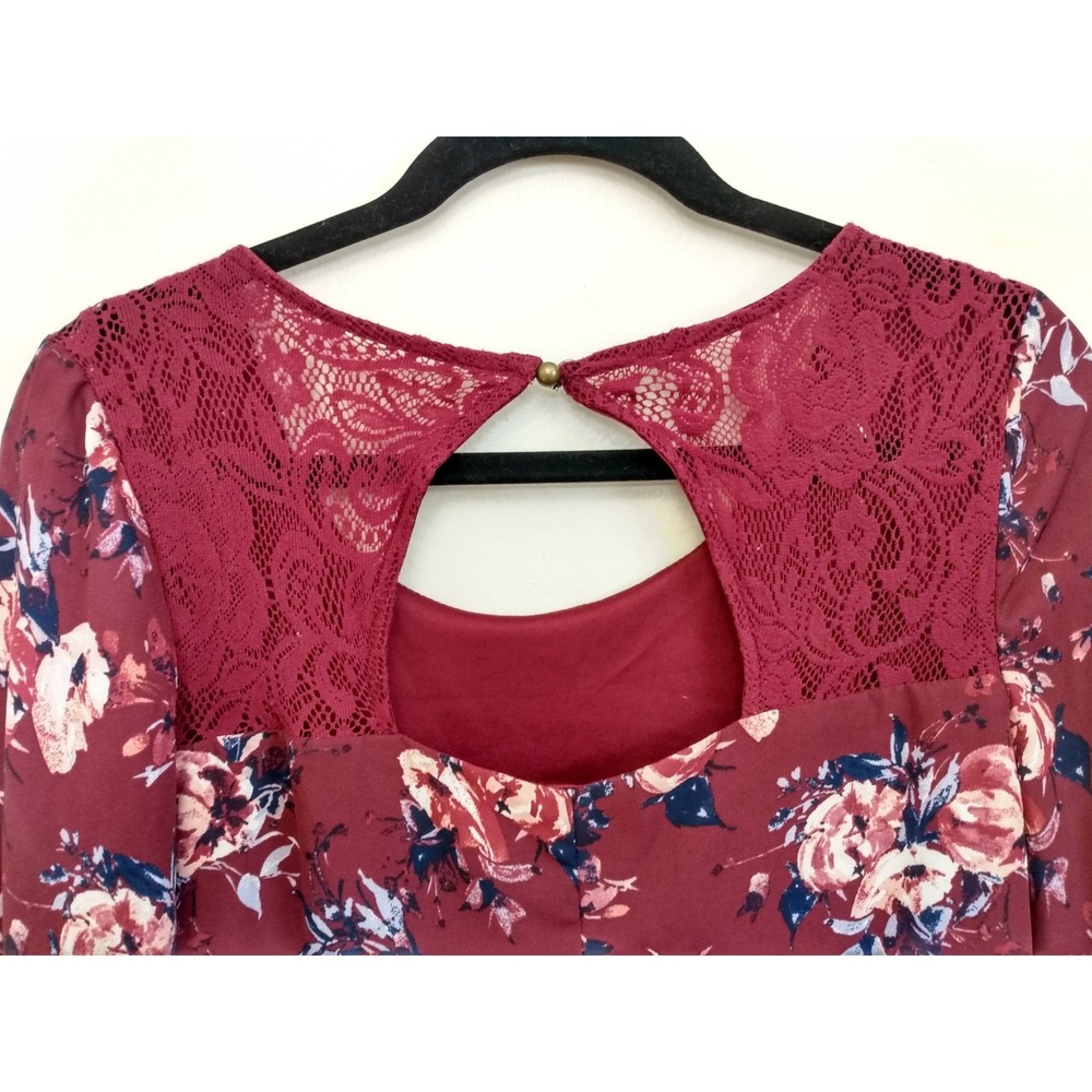 Romantic Dark Florals Lace Back Keyhole Burgundy Long Sleeve Dress Tunic Small - Picture 4 of 10
